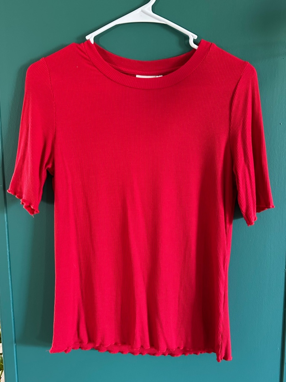 Red Women's Ribbed Short Sleeve Top Lettuce Sleeve
